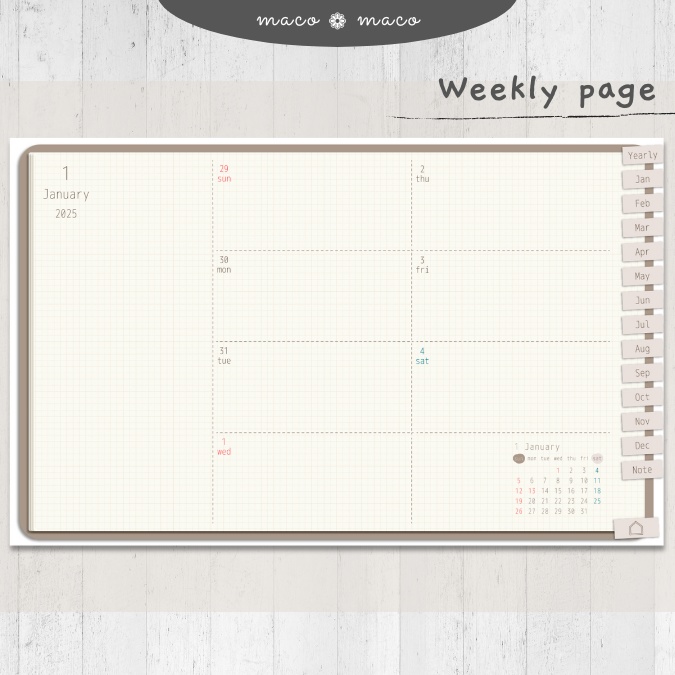 【2025年デジタルプランナー】【日曜始まり 祝日表記あり】"Cafétime" リンク付きPDF(monthly&weekly+ノート)ipad goodnotes プレゼント付き