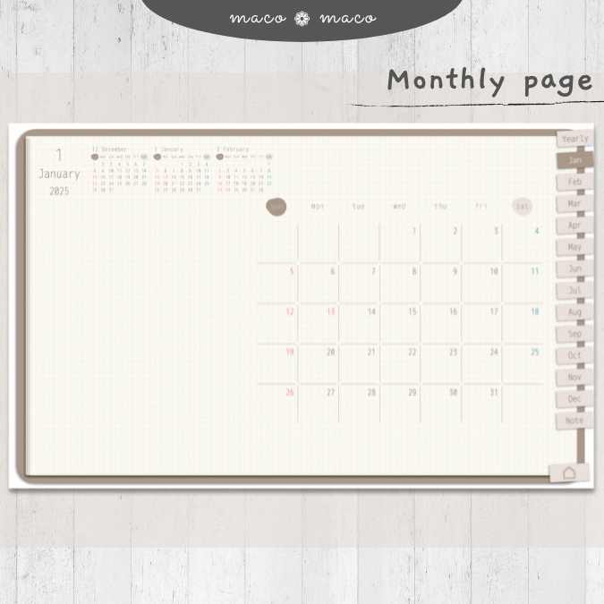【2025年デジタルプランナー】【日曜始まり 祝日表記あり】"Cafétime" リンク付きPDF(monthly&weekly+ノート)ipad goodnotes プレゼント付き