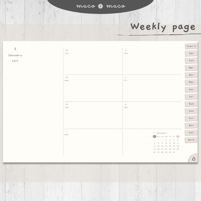 【2025年デジタルプランナー】【日曜始まり 祝日表記なし】"kawaii diary" リンク付きPDF(monthly&weekly+ノート)ipad goodnotes プレゼント付き