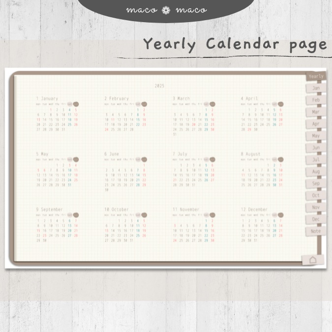 【2025年デジタルプランナー】【月曜始まり 祝日表記あり】"Cafétime" リンク付きPDF(monthly&weekly+ノート)ipad goodnotes プレゼント付き