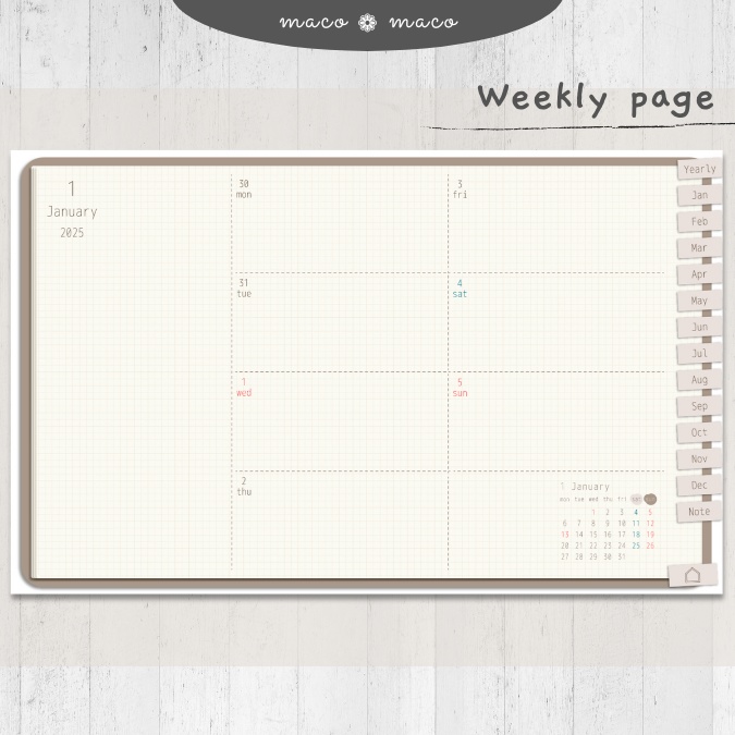 【2025年デジタルプランナー】【月曜始まり 祝日表記あり】"Cafétime" リンク付きPDF(monthly&weekly+ノート)ipad goodnotes プレゼント付き