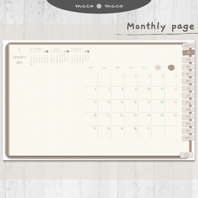 【2025年デジタルプランナー】【月曜始まり 祝日表記あり】"Cafétime" リンク付きPDF(monthly&weekly+ノート)ipad goodnotes プレゼント付き