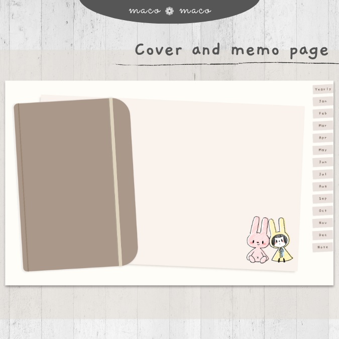 【2025年デジタルプランナー】【日曜始まり 祝日表記なし】"kawaii diary 「ウサギガール」" リンク付きPDF(monthly&weekly+ノート)ipad goodnotes プレゼント付き