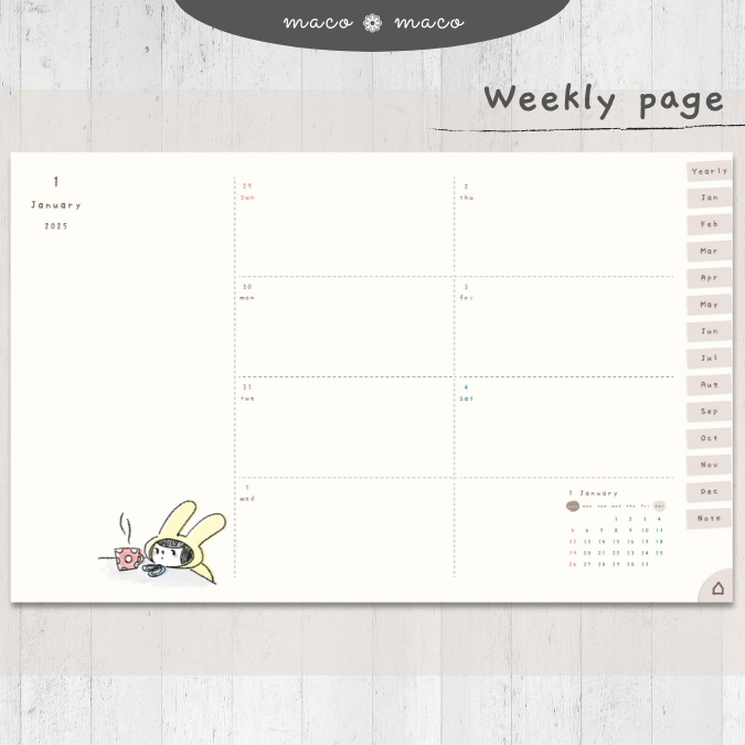 【2025年デジタルプランナー】【日曜始まり 祝日表記なし】"kawaii diary 「ウサギガール」" リンク付きPDF(monthly&weekly+ノート)ipad goodnotes プレゼント付き