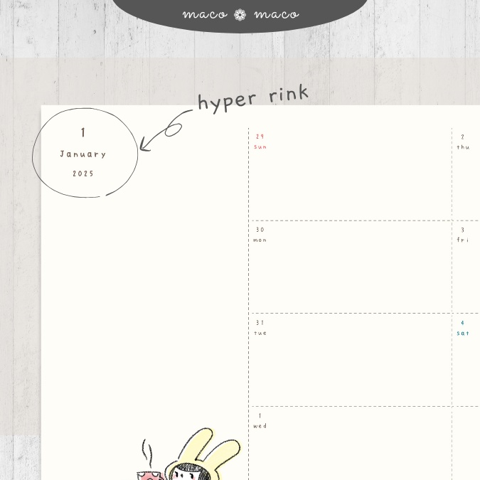 【2025年デジタルプランナー】【日曜始まり 祝日表記なし】"kawaii diary 「ウサギガール」" リンク付きPDF(monthly&weekly+ノート)ipad goodnotes プレゼント付き
