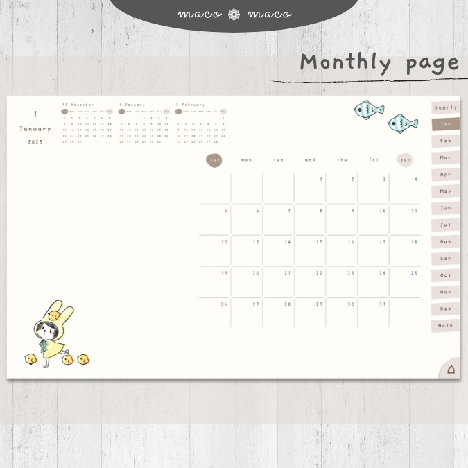 【2025年デジタルプランナー】【日曜始まり 祝日表記なし】"kawaii diary 「ウサギガール」" リンク付きPDF(monthly&weekly+ノート)ipad goodnotes プレゼント付き