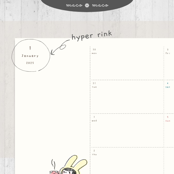 【2025年デジタルプランナー】【月曜始まり 祝日表記なし】"kawaii diary 「ウサギガール」" リンク付きPDF(monthly&weekly+ノート)ipad goodnotes プレゼント付き