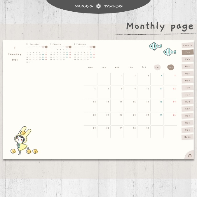 【2025年デジタルプランナー】【月曜始まり 祝日表記なし】"kawaii diary 「ウサギガール」" リンク付きPDF(monthly&weekly+ノート)ipad goodnotes プレゼント付き