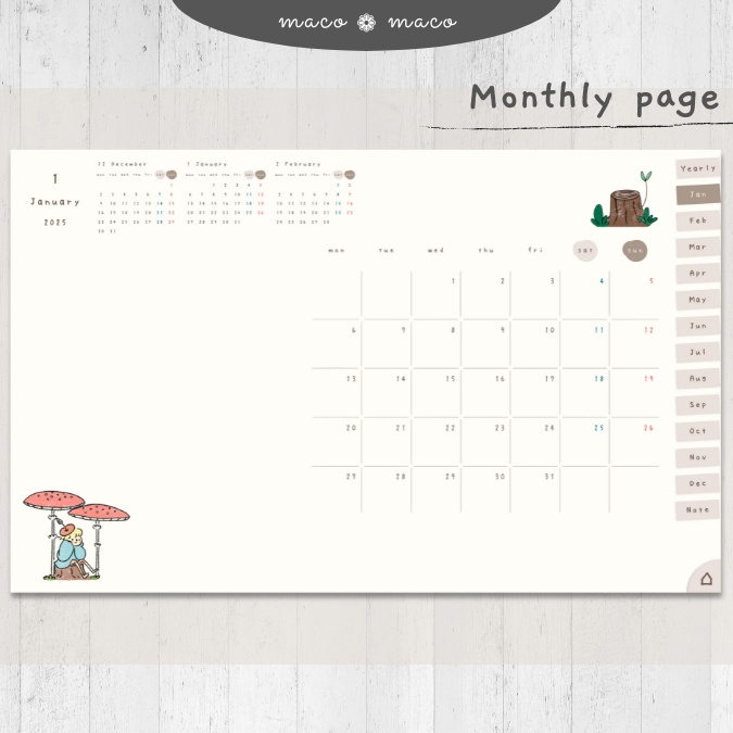 【2025年デジタルプランナー】【月曜始まり 祝日表記なし】"kawaii diary 「Lofi forest」" リンク付きPDF(monthly&weekly+ノート)ipad goodnotes プレゼント付き