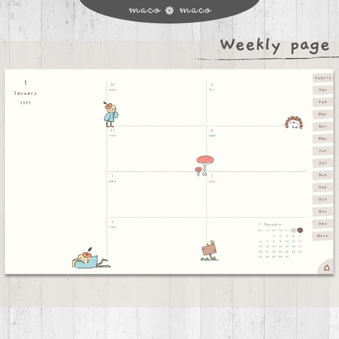 【2025年デジタルプランナー】【月曜始まり 祝日表記なし】"kawaii diary 「Lofi forest」" リンク付きPDF(monthly&weekly+ノート)ipad goodnotes プレゼント付き
