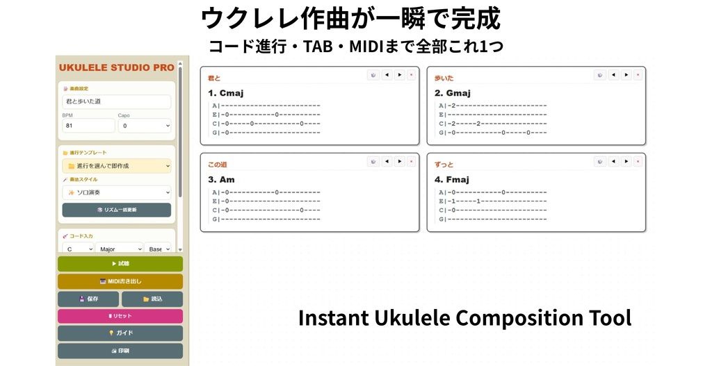 【ウクレレ作曲支援】Ukulele Studio PRO ― コード進行・TAB自動生成・MIDI対応