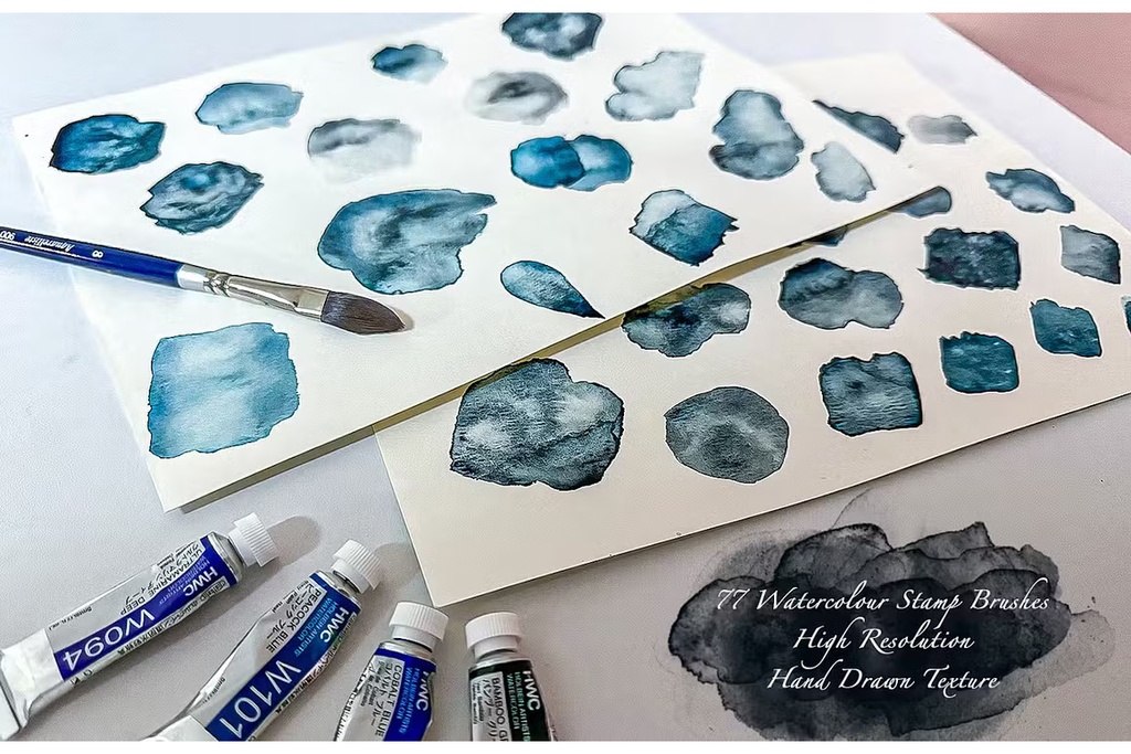 WaterColor Stamp Brushes|Photoshop用水彩スタンプブラシ77種|本物の水彩画から製作・にじみ表現