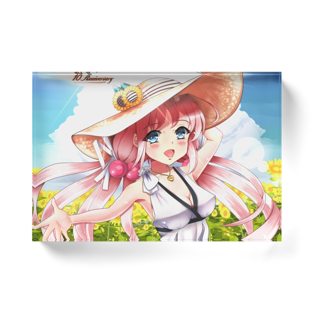 ひまわりと麦わら帽子の少女 アクリルブロック