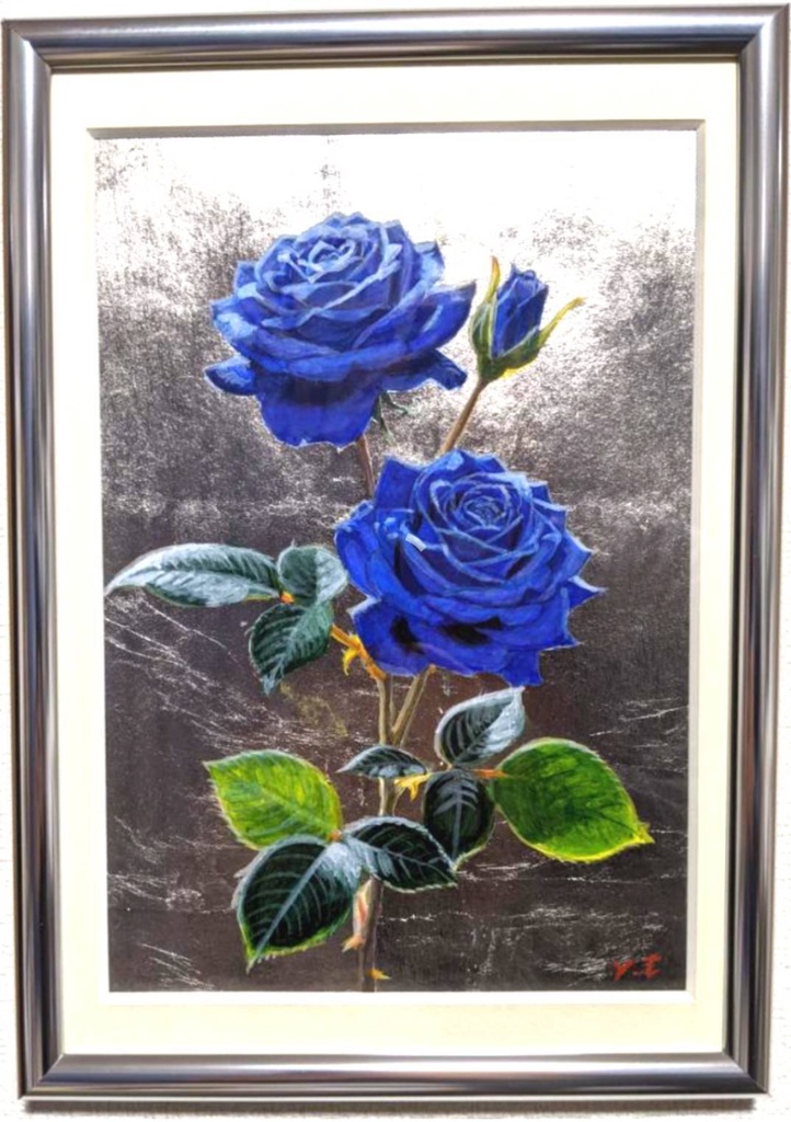 超美品!精密複製画 最高級プラチナ箔 青薔薇 アクリル画 絵画