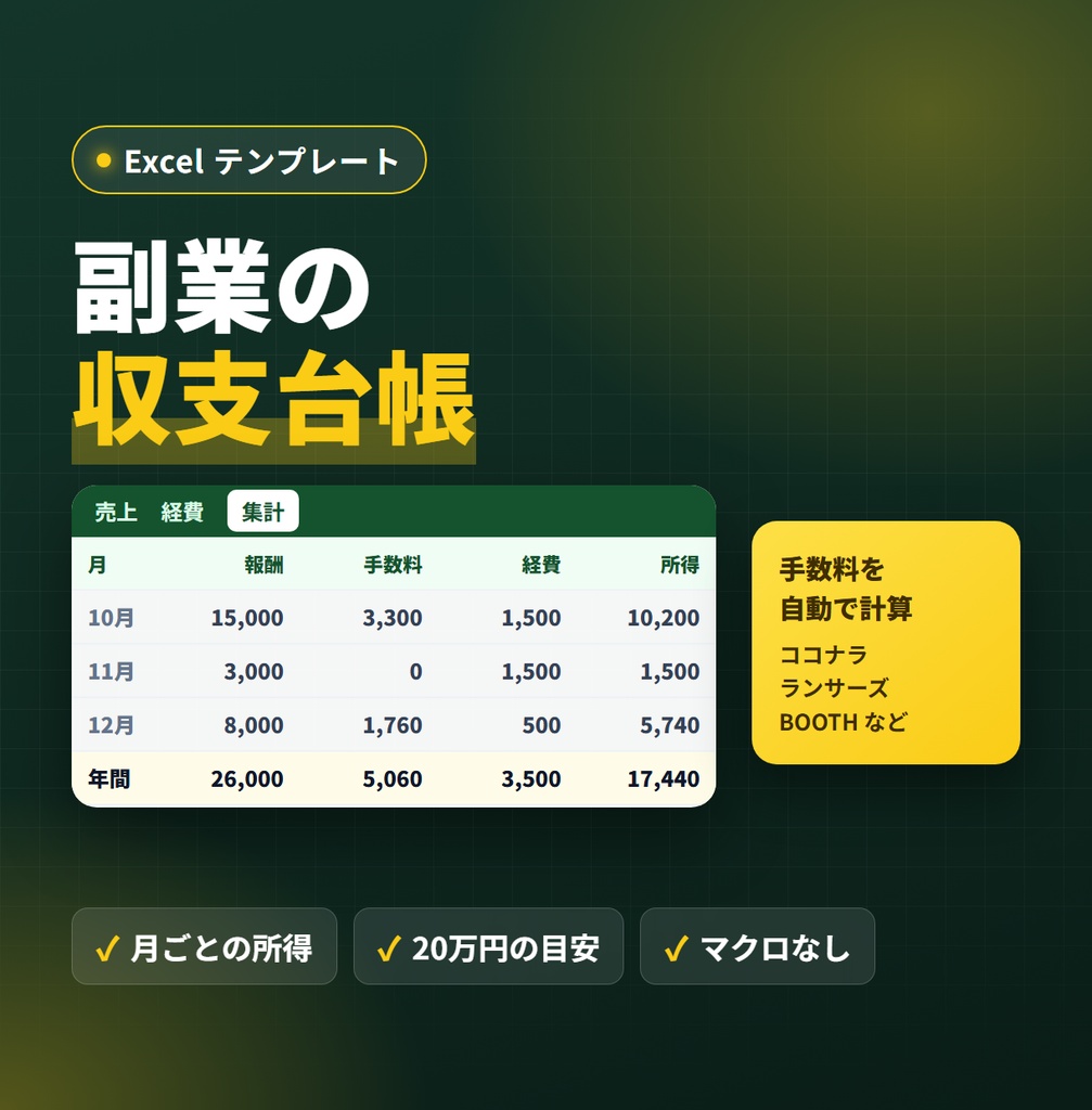 副業の収支台帳（Excel）｜手数料を自動計算・確定申告20万円の目安つき