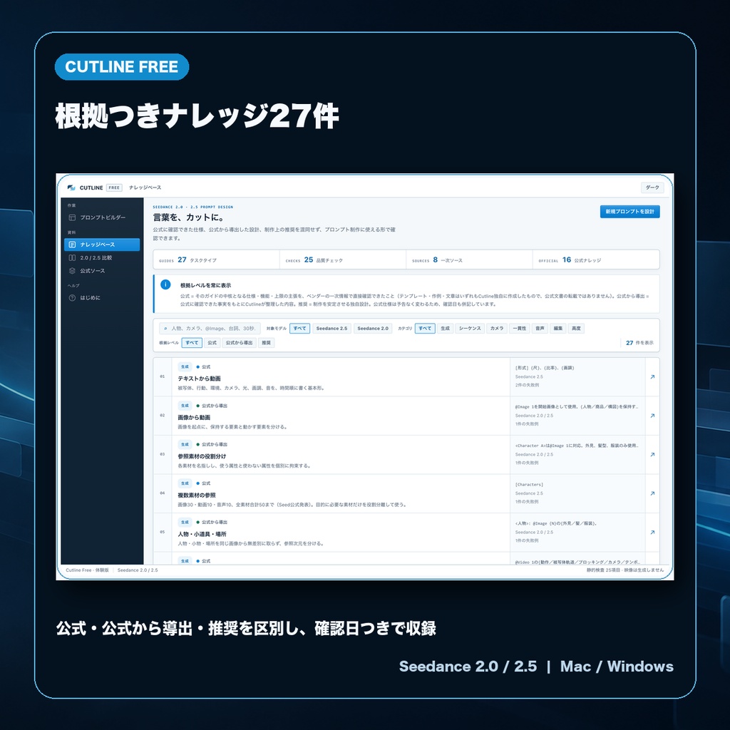 Cutline Free|Seedance 2.0 / 2.5向け 日本語プロンプト設計アプリ(無料・Mac / Windows)