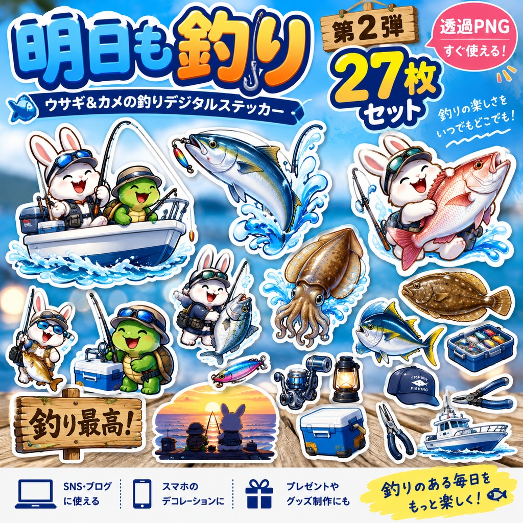 「明日も釣り」第2弾｜ウサギ＆カメの釣りデジタルステッカー27枚セット【透過PNG】