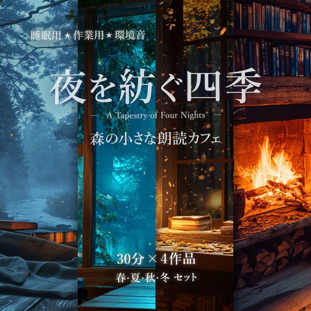 夜を紡ぐ四季｜森の小さな朗読カフェ｜環境音BGMセット（春・夏・秋・冬／睡眠・作業用）