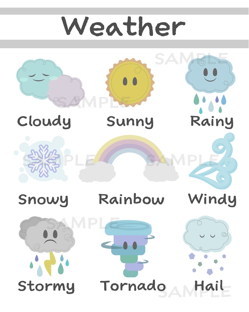 【英語・日本語の知育ポスター】やさしいお天気表・２セット｜DL A4 PDF