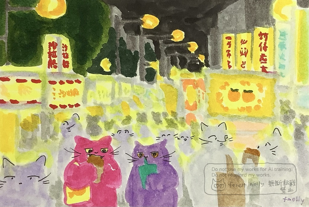 アナログ原画　夜市　フレームつき