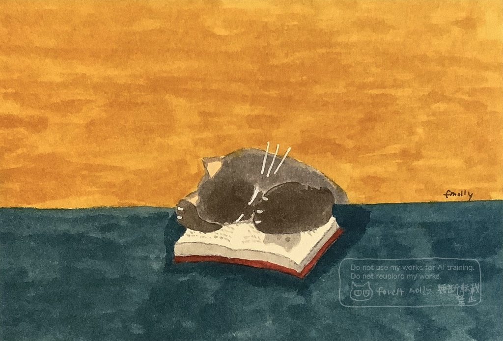 アナログ原画　読書の秋　フレーム付