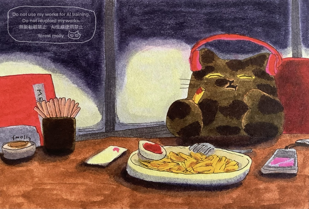 アナログ原画　午後10時のフライドポテト　フレームつき