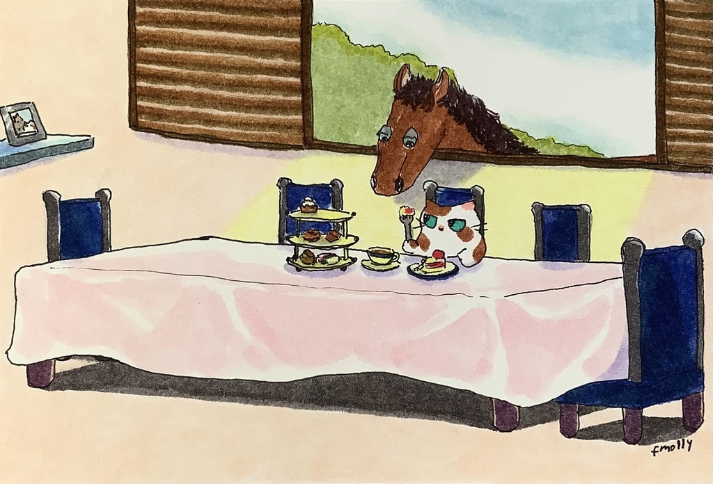 アナログ原画　お馬と仔猫