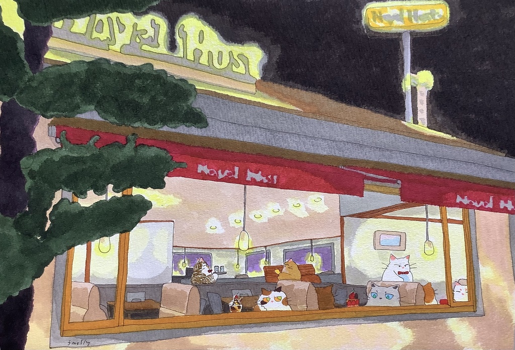 アナログ原画　ファミレスの夜