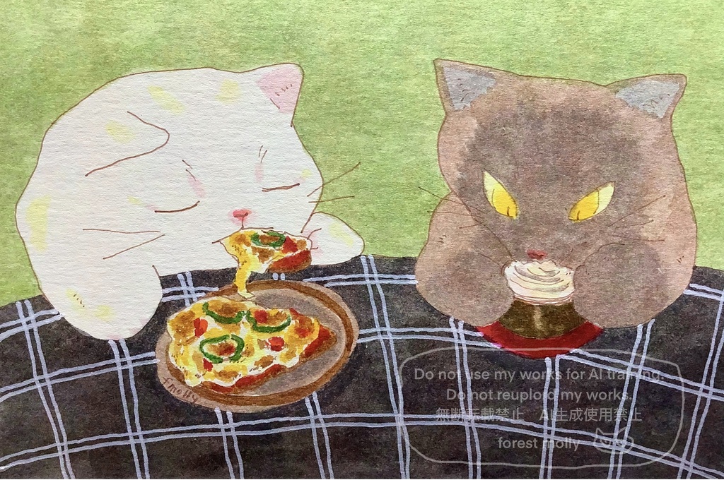 アナログ原画　ピザトースト食べ終わるまで待ってて