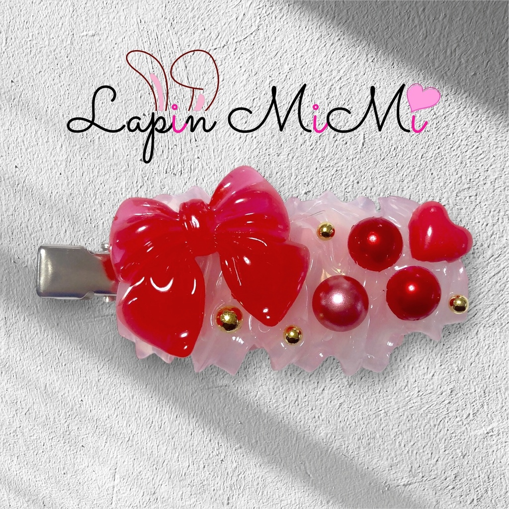 ホイップデコ 赤 リボン パール メンカラ かわいい 左用 ヘアクリップ ヘアピン