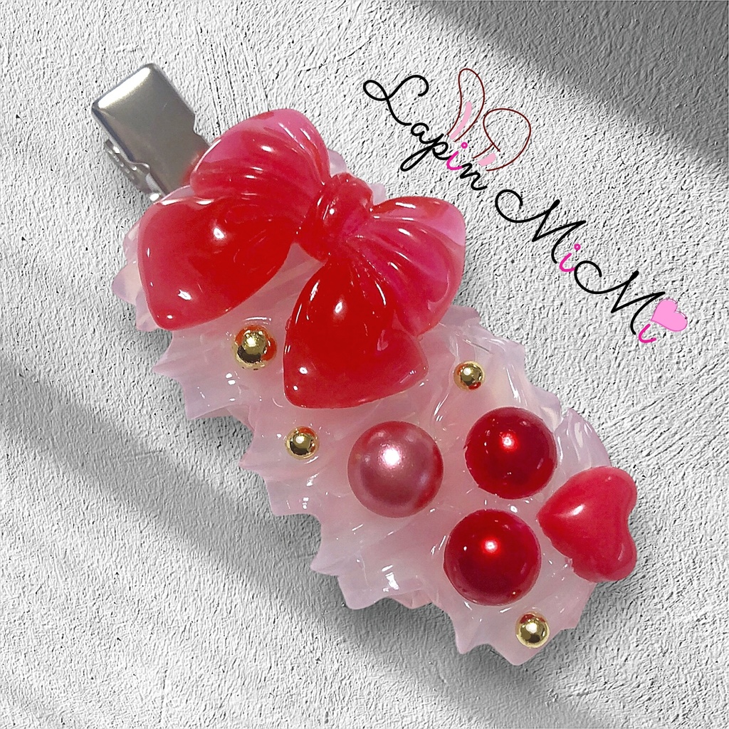 ホイップデコ 赤 リボン パール メンカラ かわいい 左用 ヘアクリップ ヘアピン