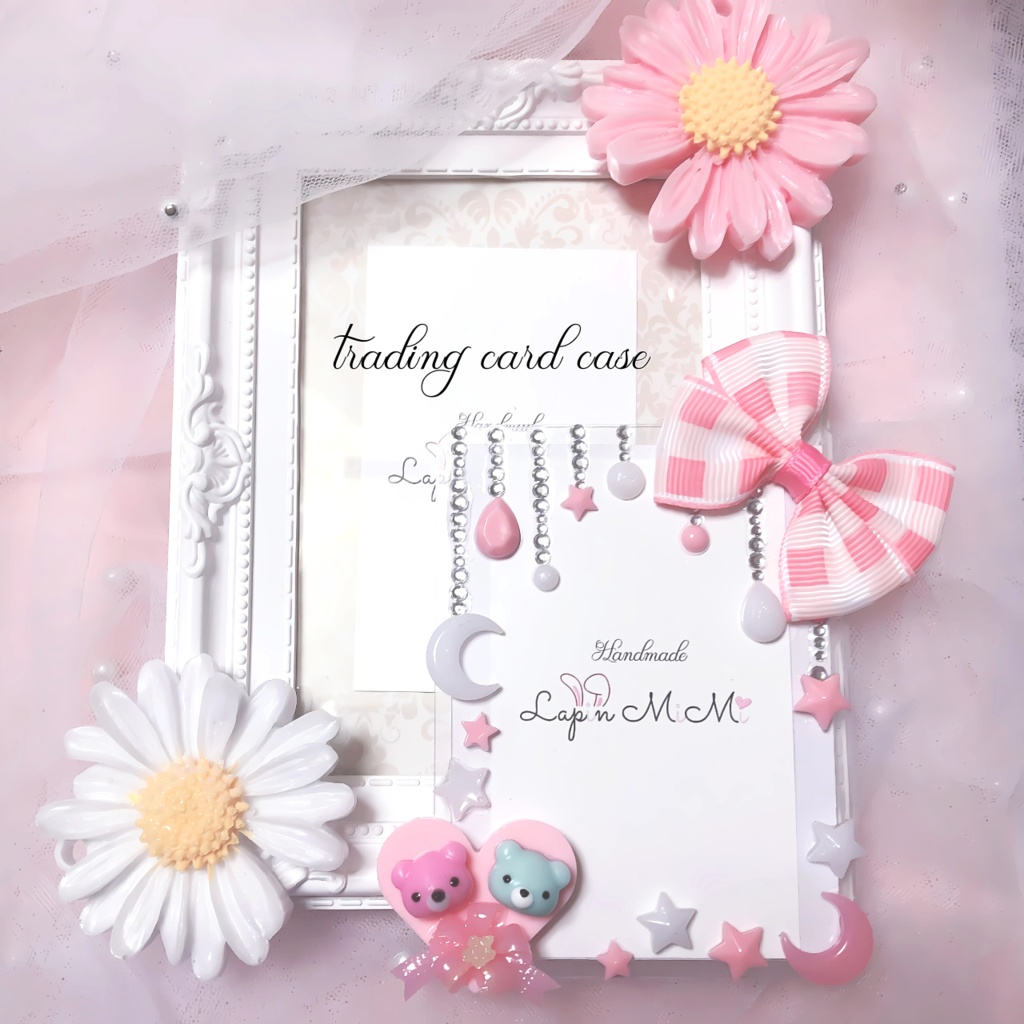 レジン チェック リボン ハート ベア 星 ゆめかわ ピンク ホワイト B8 硬質 トレカケース