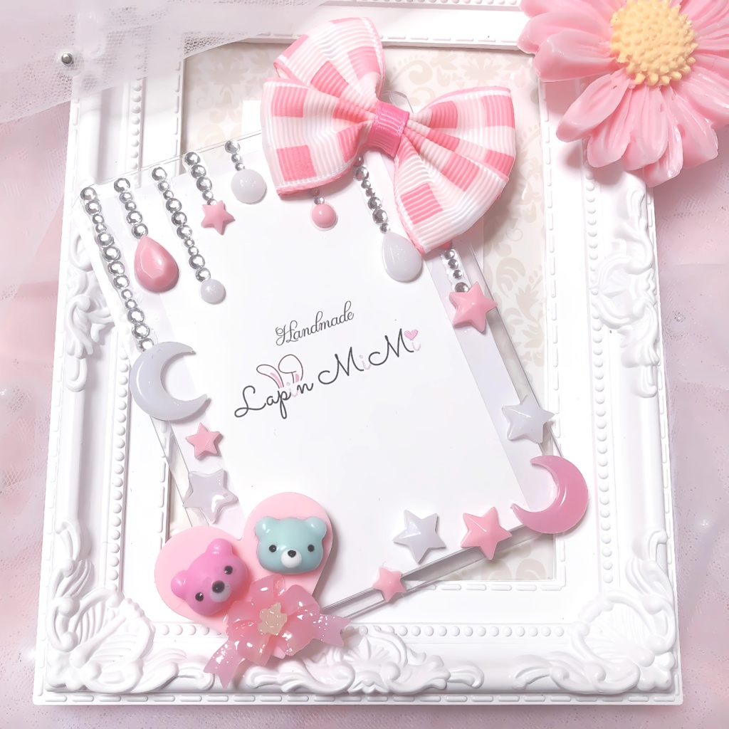 レジン チェック リボン ハート ベア 星 ゆめかわ ピンク ホワイト B8 硬質 トレカケース