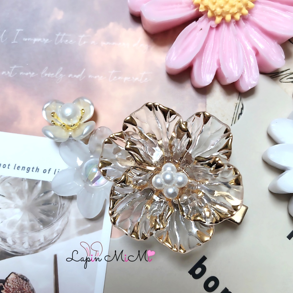 レジン ハンドメイド クリア ゴールド ホワイト フラワー 大人女子 ヘアクリップ