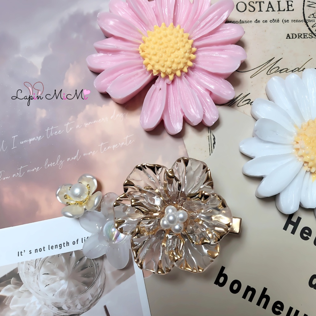 レジン ハンドメイド クリア ゴールド ホワイト フラワー 大人女子 ヘアクリップ