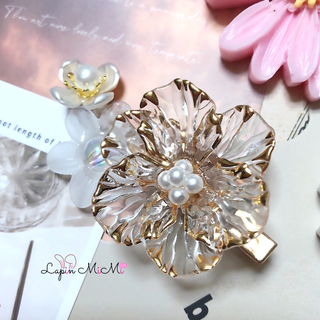 レジン ハンドメイド クリア ゴールド ホワイト フラワー 大人女子 ヘアクリップ