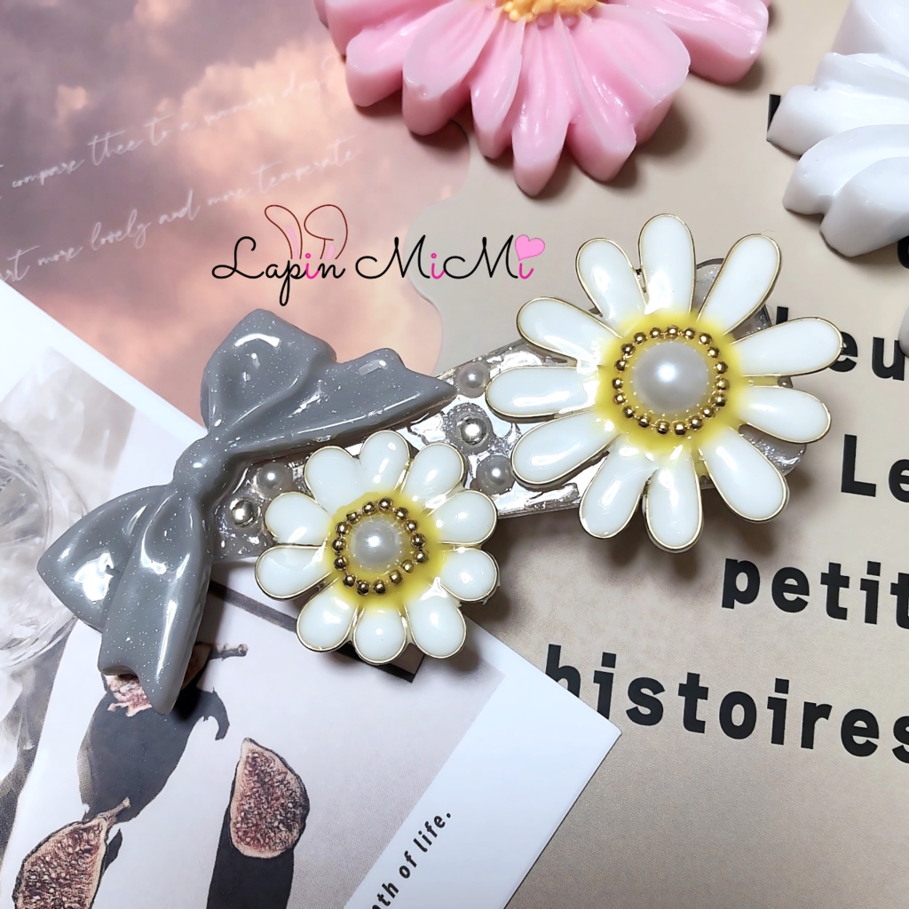 レジン ハンドメイド デイジー 花 ラメ リボン 大人可愛い ヘアクリップ