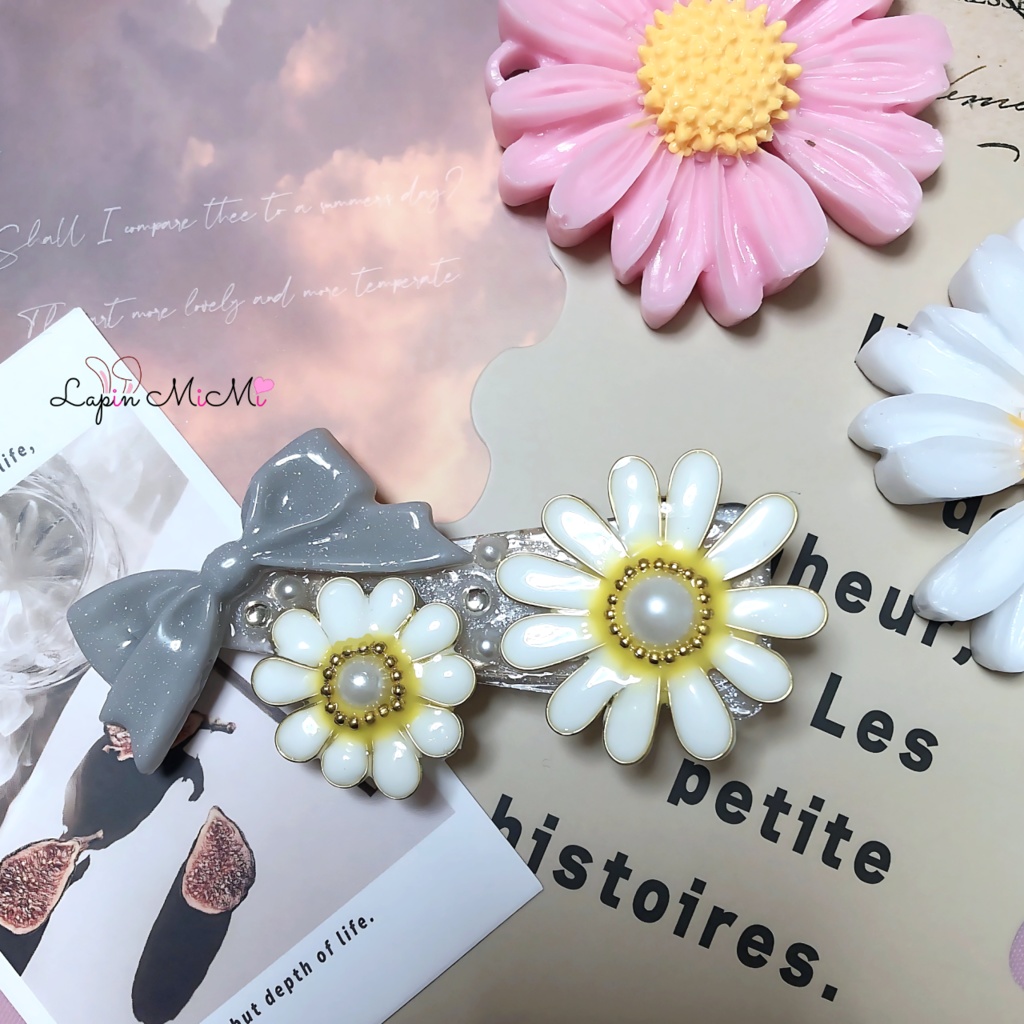レジン ハンドメイド デイジー 花 ラメ リボン 大人可愛い ヘアクリップ