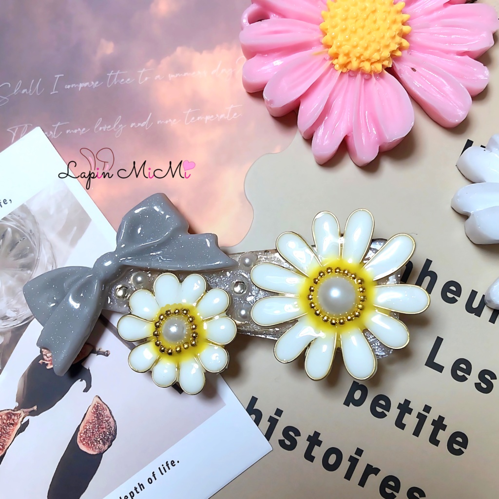 レジン ハンドメイド デイジー 花 ラメ リボン 大人可愛い ヘアクリップ