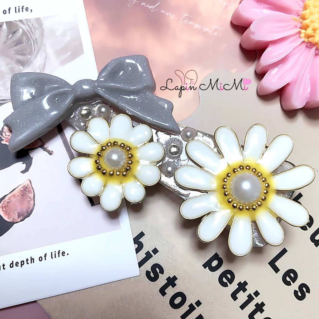 レジン ハンドメイド デイジー 花 ラメ リボン 大人可愛い ヘアクリップ