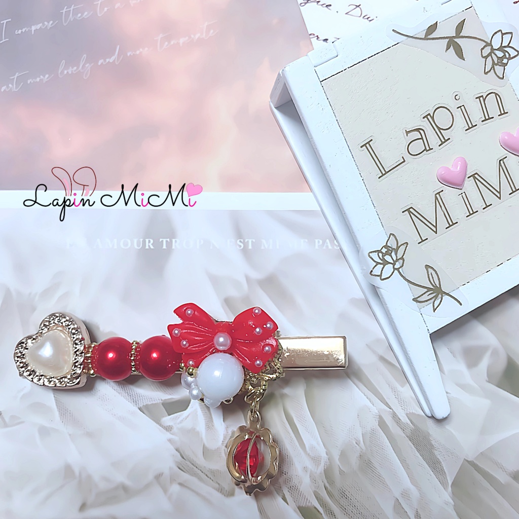 レジン リボン パール ハート 揺れる チャーム付き 大人可愛い 高見え ヘアクリップ