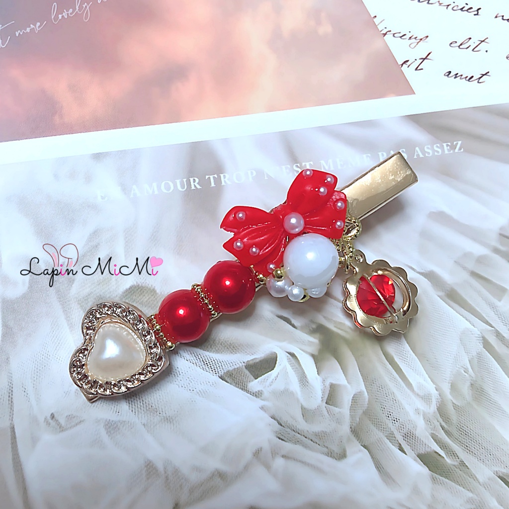 レジン リボン パール ハート 揺れる チャーム付き 大人可愛い 高見え ヘアクリップ