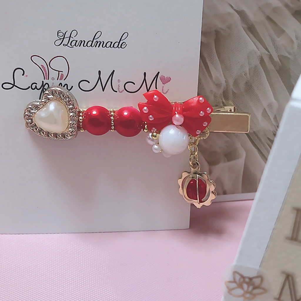 レジン リボン パール ハート 揺れる チャーム付き 大人可愛い 高見え ヘアクリップ