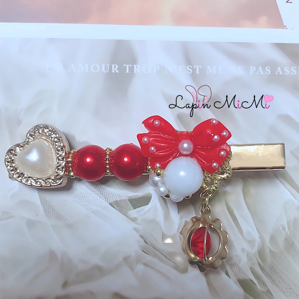 レジン リボン パール ハート 揺れる チャーム付き 大人可愛い 高見え ヘアクリップ