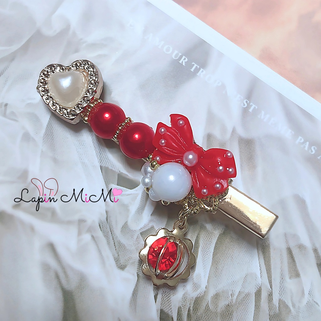 レジン リボン パール ハート 揺れる チャーム付き 大人可愛い 高見え ヘアクリップ