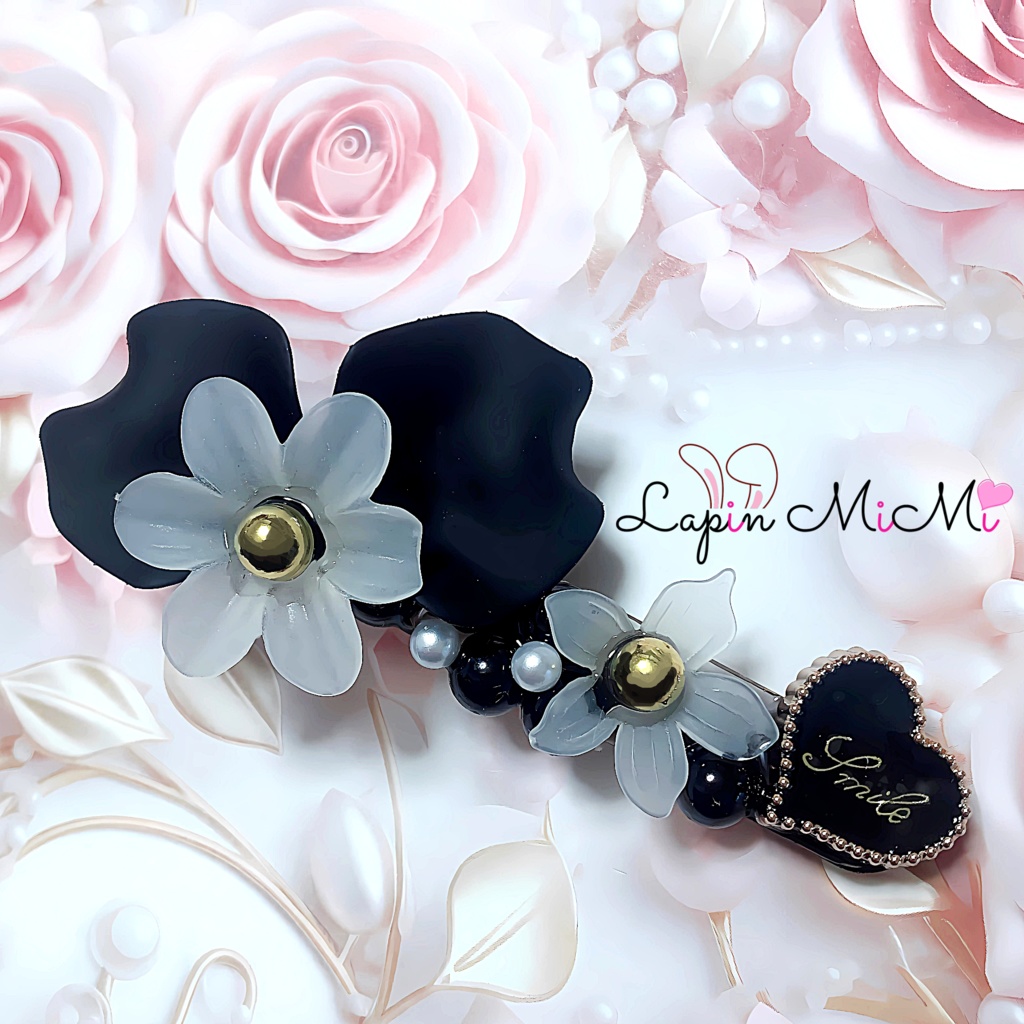 樹脂 大きめ 花びら 半円 大人可愛い フラワー ブラック ヘアクリップ レジン ハンドメイド