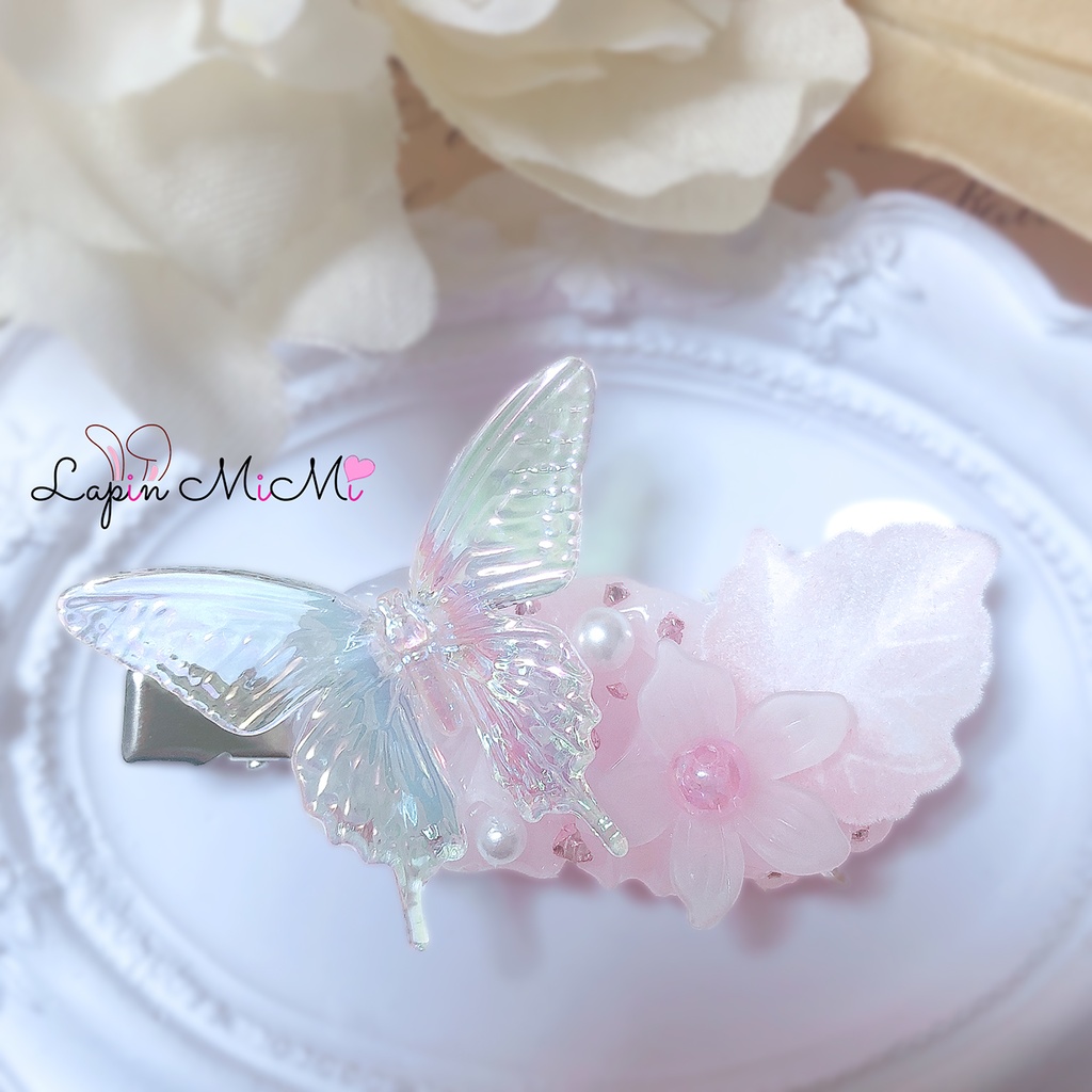クリア ホイップデコ 蝶 上品 きれいめ ガラスビーズ 花 春 ヘアクリップ ハンドメイド