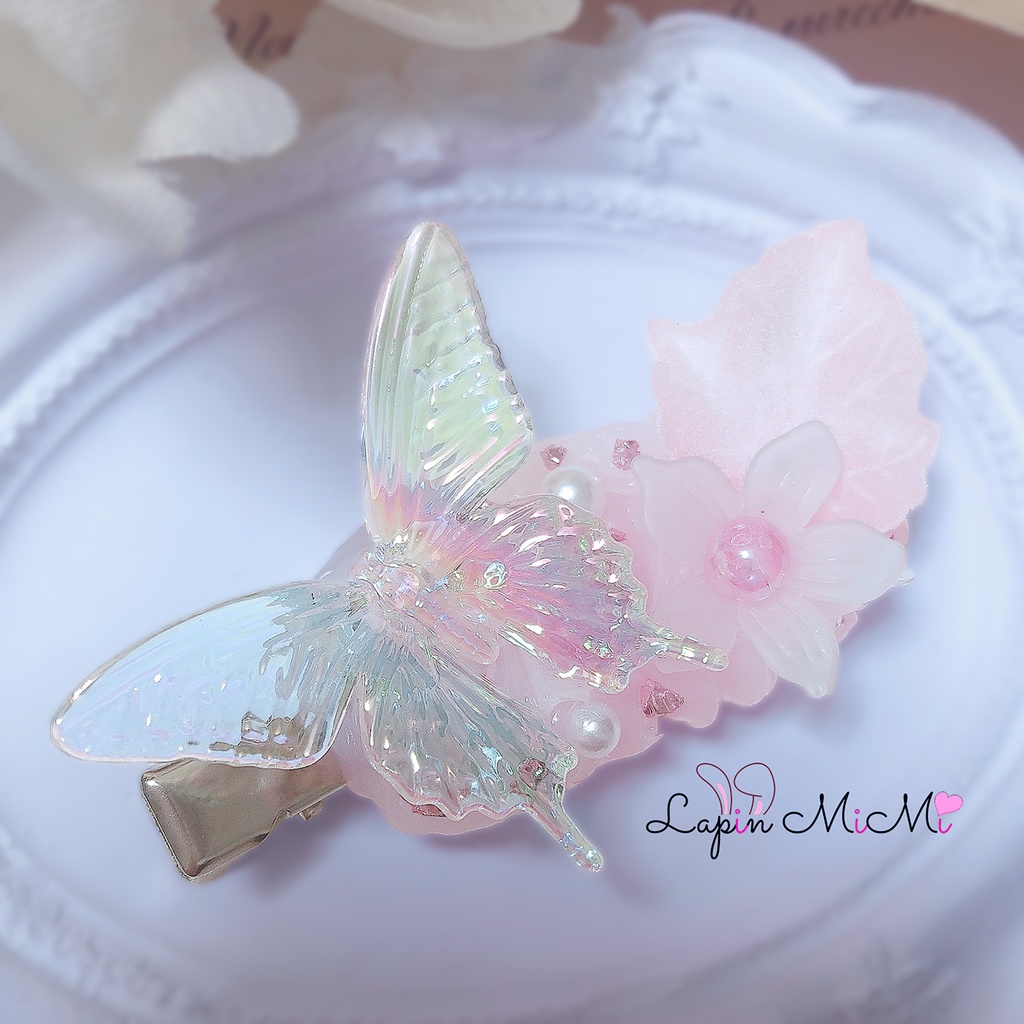クリア ホイップデコ 蝶 上品 きれいめ ガラスビーズ 花 春 ヘアクリップ ハンドメイド