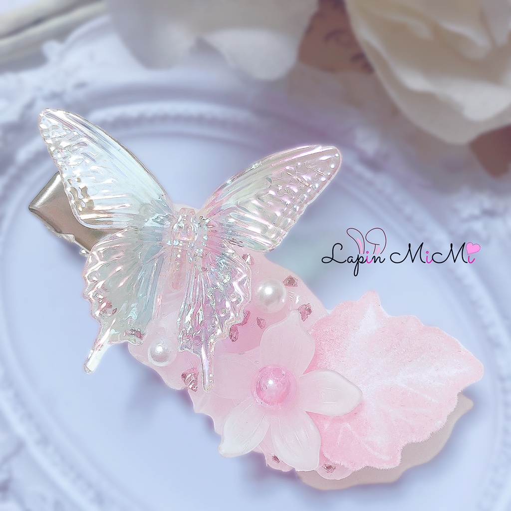クリア ホイップデコ 蝶 上品 きれいめ ガラスビーズ 花 春 ヘアクリップ ハンドメイド
