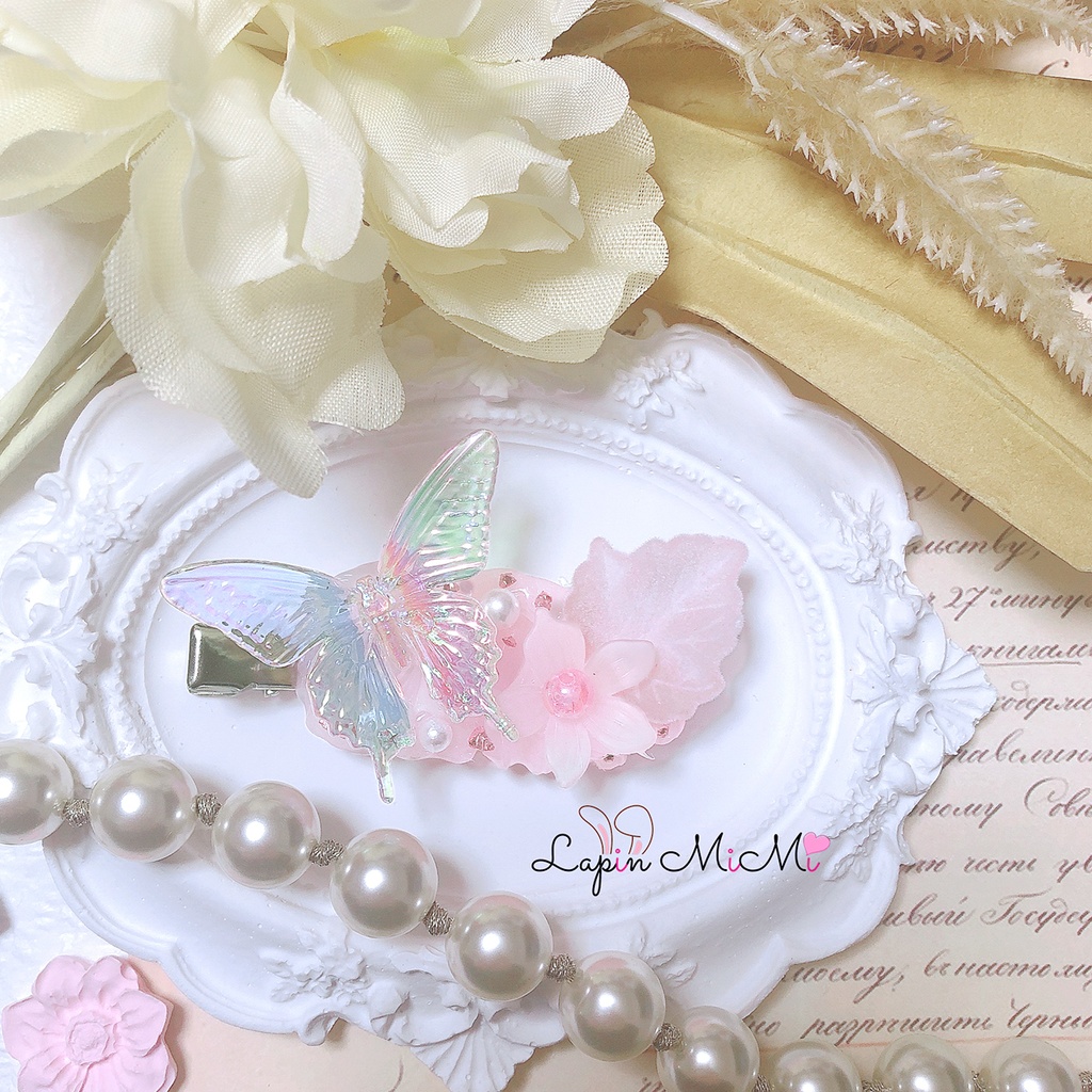 クリア ホイップデコ 蝶 上品 きれいめ ガラスビーズ 花 春 ヘアクリップ ハンドメイド